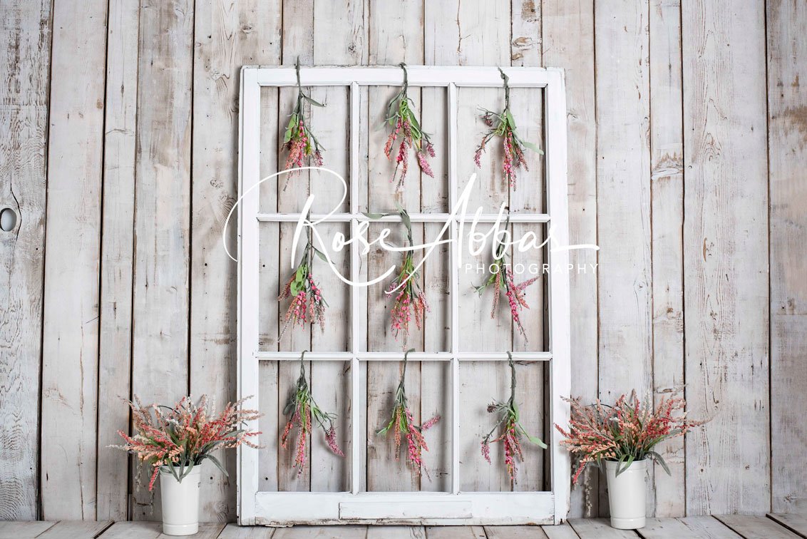 Kate Spring Floral White Window Wood Backdrop Designed by Rose Abbas -UK