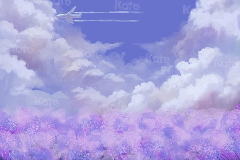 Kate Blue Sky with Plane Purple Flowers Backdrop for Photography -UK