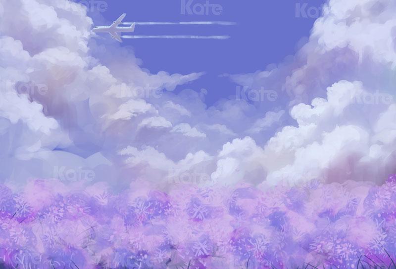 Kate Blue Sky with Plane Purple Flowers Backdrop for Photography -UK