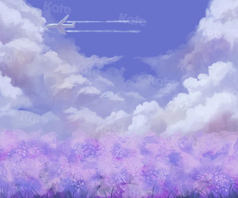 Kate Blue Sky with Plane Purple Flowers Backdrop for Photography -UK