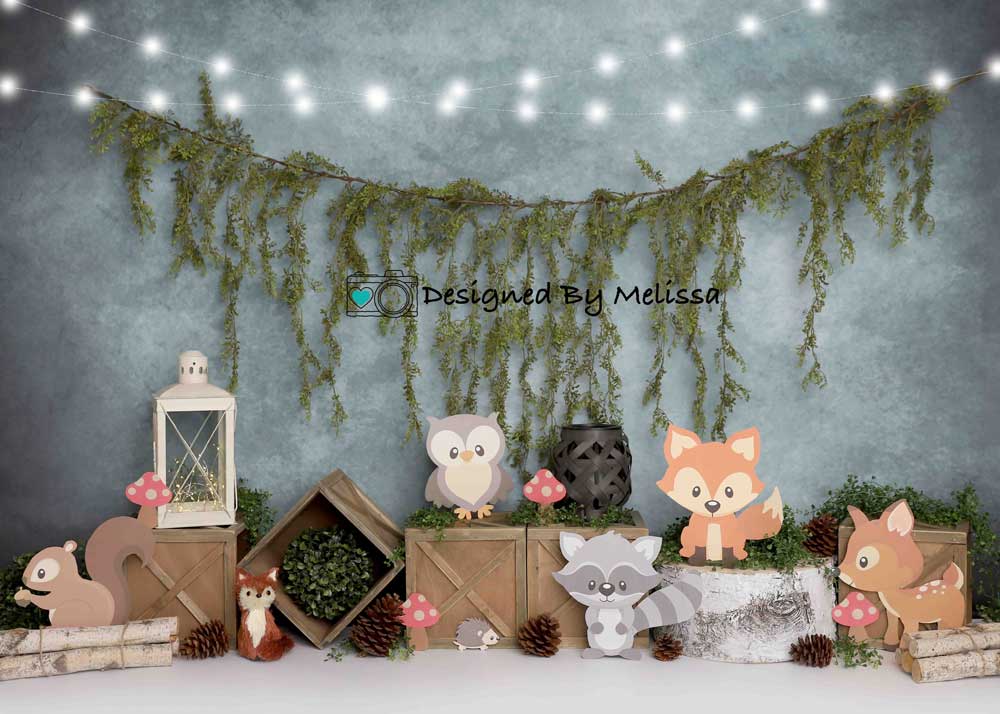 Kate Blue Woodland Animals Cake Smash Backdrop Designed by Melissa King -UK