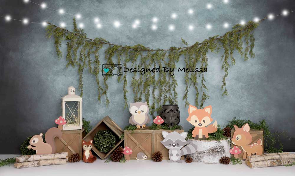 Kate Blue Woodland Animals Cake Smash Backdrop Designed by Melissa King -UK