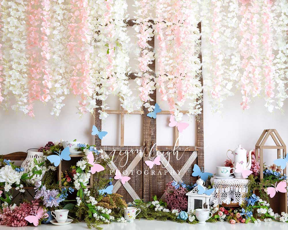 Kate Summer Tea Party Butterfly Barn Door Backdrop Designed by Megan Leigh Photography -UK