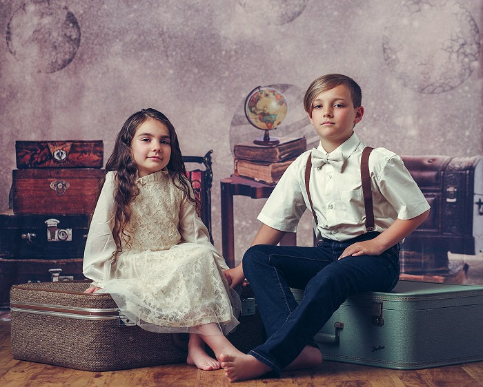 Kate Vintage Suitcase and Book Travel with me Back to School Backdrop for Children Designed By Ava Lee -UK