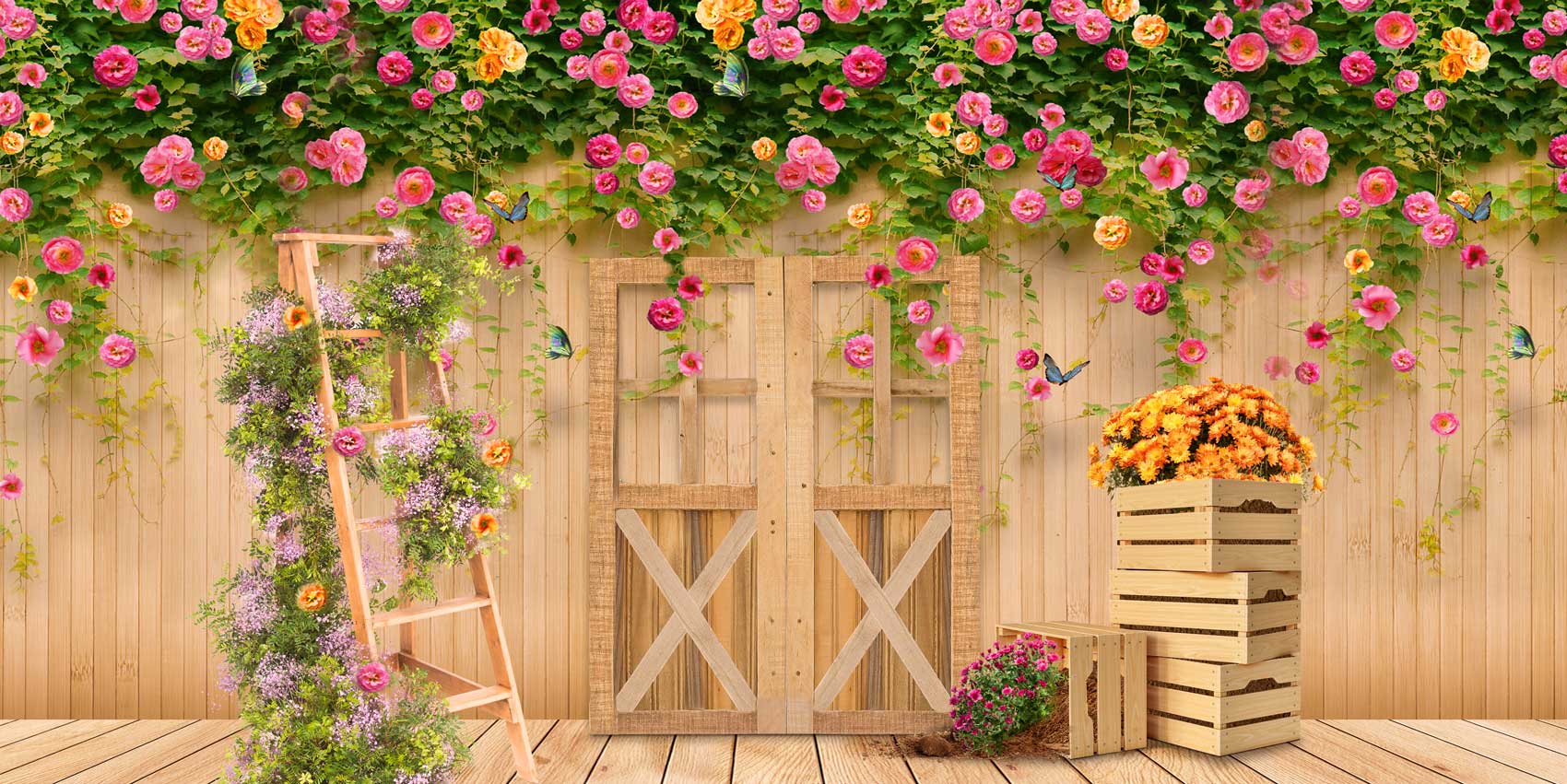 Kate Spring Flower Garden Wood Door Backdrop Designed By Ava Lee -UK