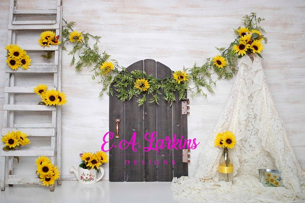 Kate Summer Sunflowers White Tent Backdrop Designed by Erin Larkins -UK