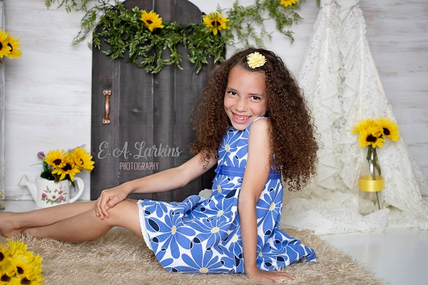 Kate Summer Sunflowers White Tent Backdrop Designed by Erin Larkins -UK