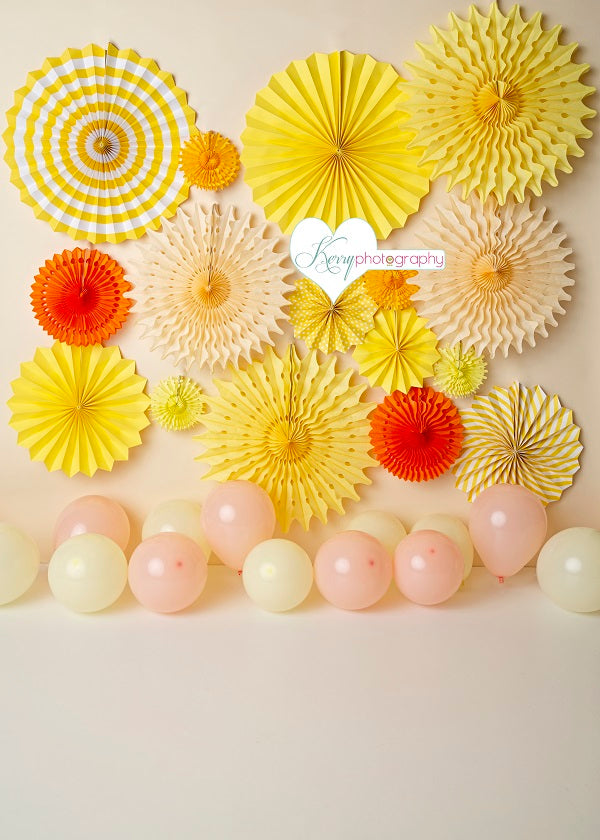Kate Balloons and Yellow Origami Decorations Children Backdrop Designed by Kerry Anderson -UK