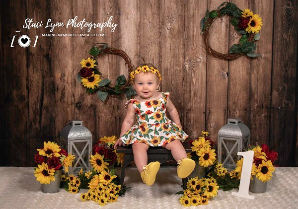 Kate Summer Wood Wall Sunflowers Backdrop Designed by Staci Lynn Photography -UK
