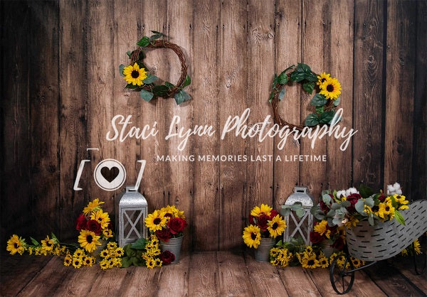 Kate Summer Dark Wood with Sunflowers Children Backdrop Designed by Staci Lynn Photography -UK