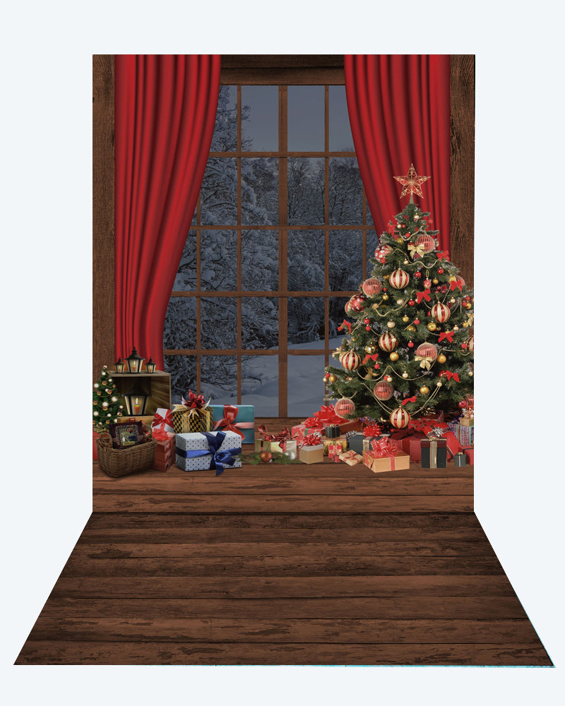 Kate Christmas Window Tree Photography +Brown wood floor mat -UK
