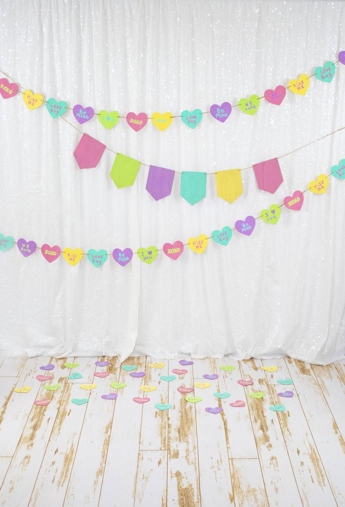 Kate White Curtain with Colored Banners Valentine's Day Backdrop Designed by Leann West -UK