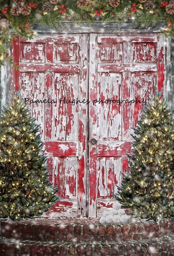Kate Retro Red Wooden Door Christmas Backdrop Designed by Pamela Gross Hughes -UK