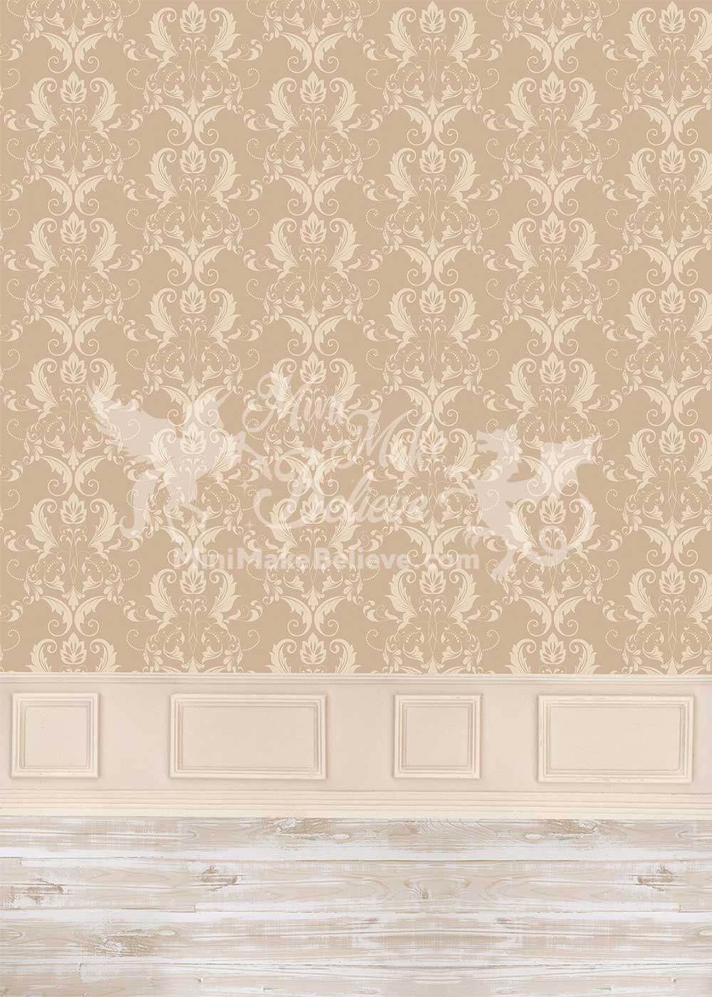 Kate Tan Beige Classical Damask Backdrop Ornate Wall with Wainscot Wedding Designed by Mini MakeBelieve -UK