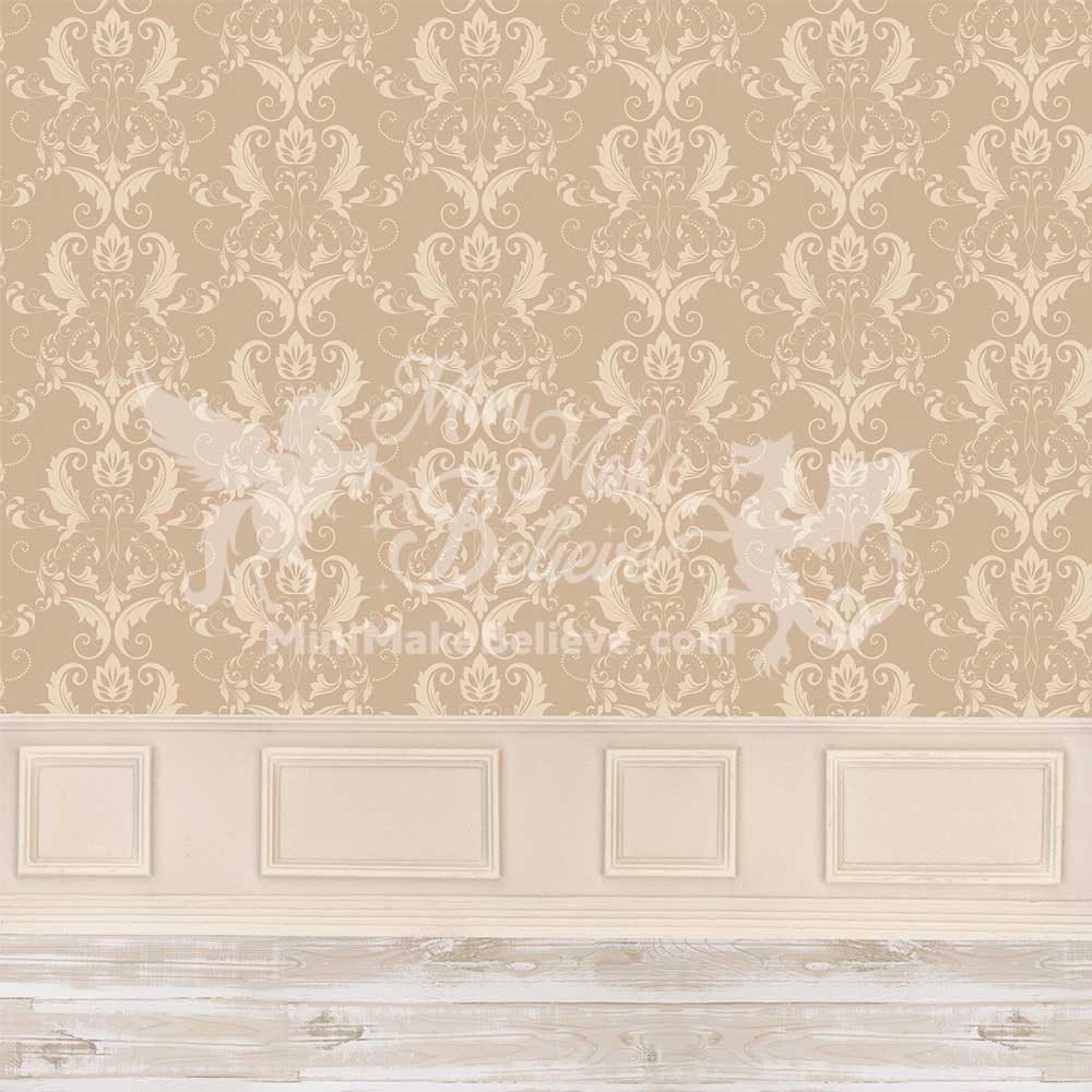 Kate Tan Beige Classical Damask Backdrop Ornate Wall with Wainscot Wedding Designed by Mini MakeBelieve -UK