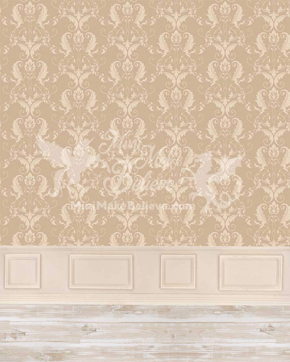 Kate Tan Beige Classical Damask Backdrop Ornate Wall with Wainscot Wedding Designed by Mini MakeBelieve -UK