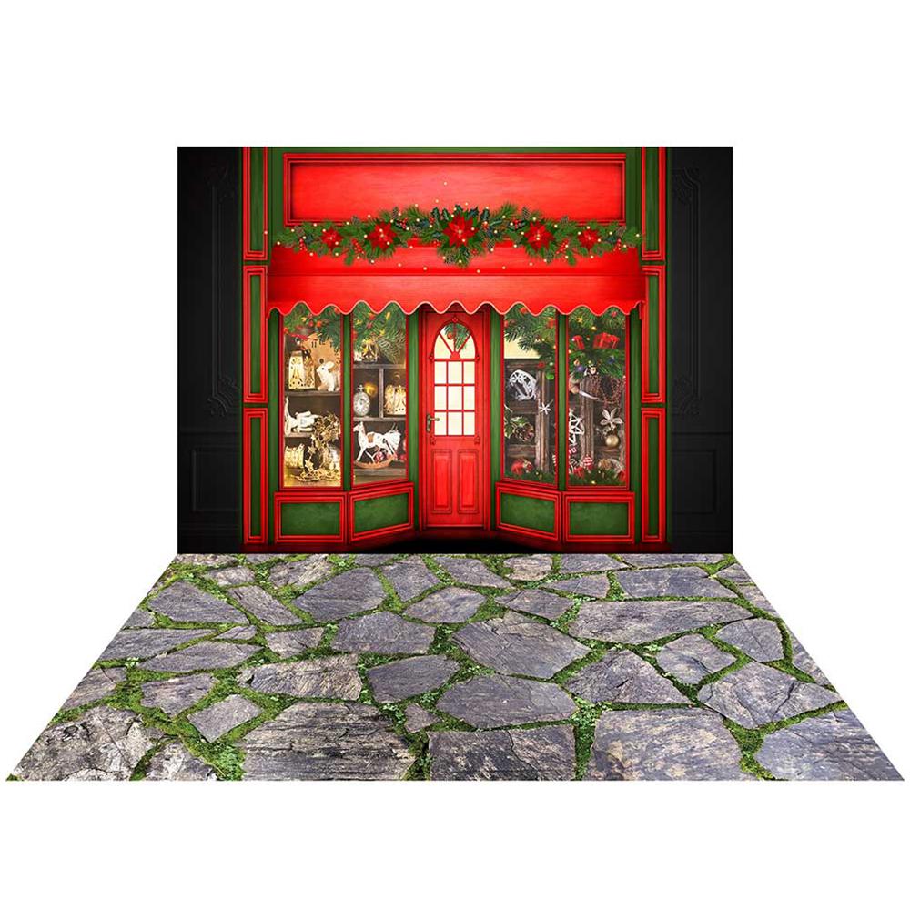 Kate Christmas Store Snow Winter Backdrop+Spring Rock Wall Computer Printed Rubber Floor Mat