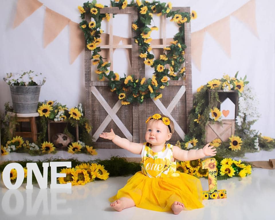 Kate Spring Sunflower Barn Door Decoration Backdrop Designed by Megan Leigh Photography -UK