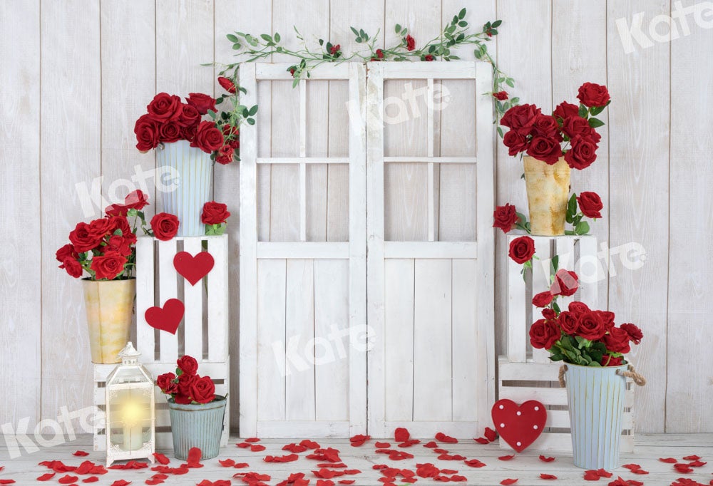 Kate Valentine's Day Roses White Wooden Backdrop Designed by Emetselch -UK