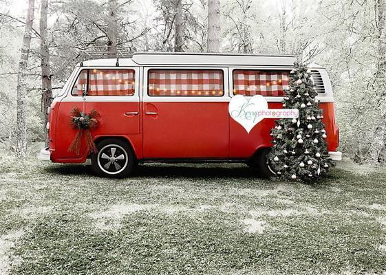 Kate Christmas Tree Red Camper van in Snow Backdrop for Photography Designed by Kerry Anderson -UK
