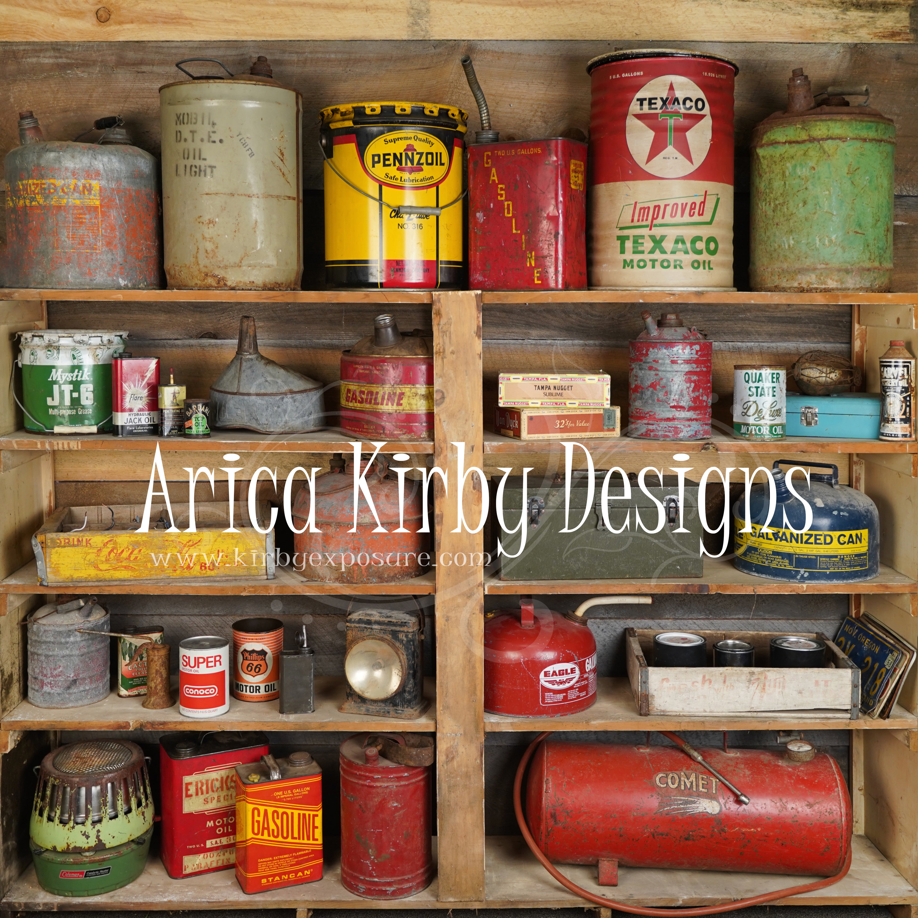 Kate Wood Shelf Mechanics Garage Backdrop Designed by Arica Kirby -UK