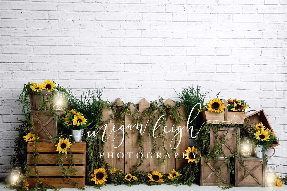 Kate Summer Sunflower White Brick Lights Backdrop Designed by Megan Leigh Photography