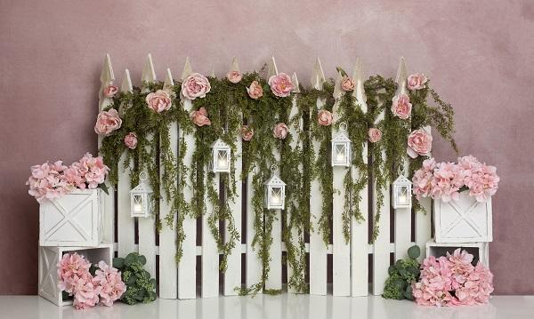 Kate Spring/Mother's Day Pink Floral IVY Fence Backdrop Designed by Lisa B -UK