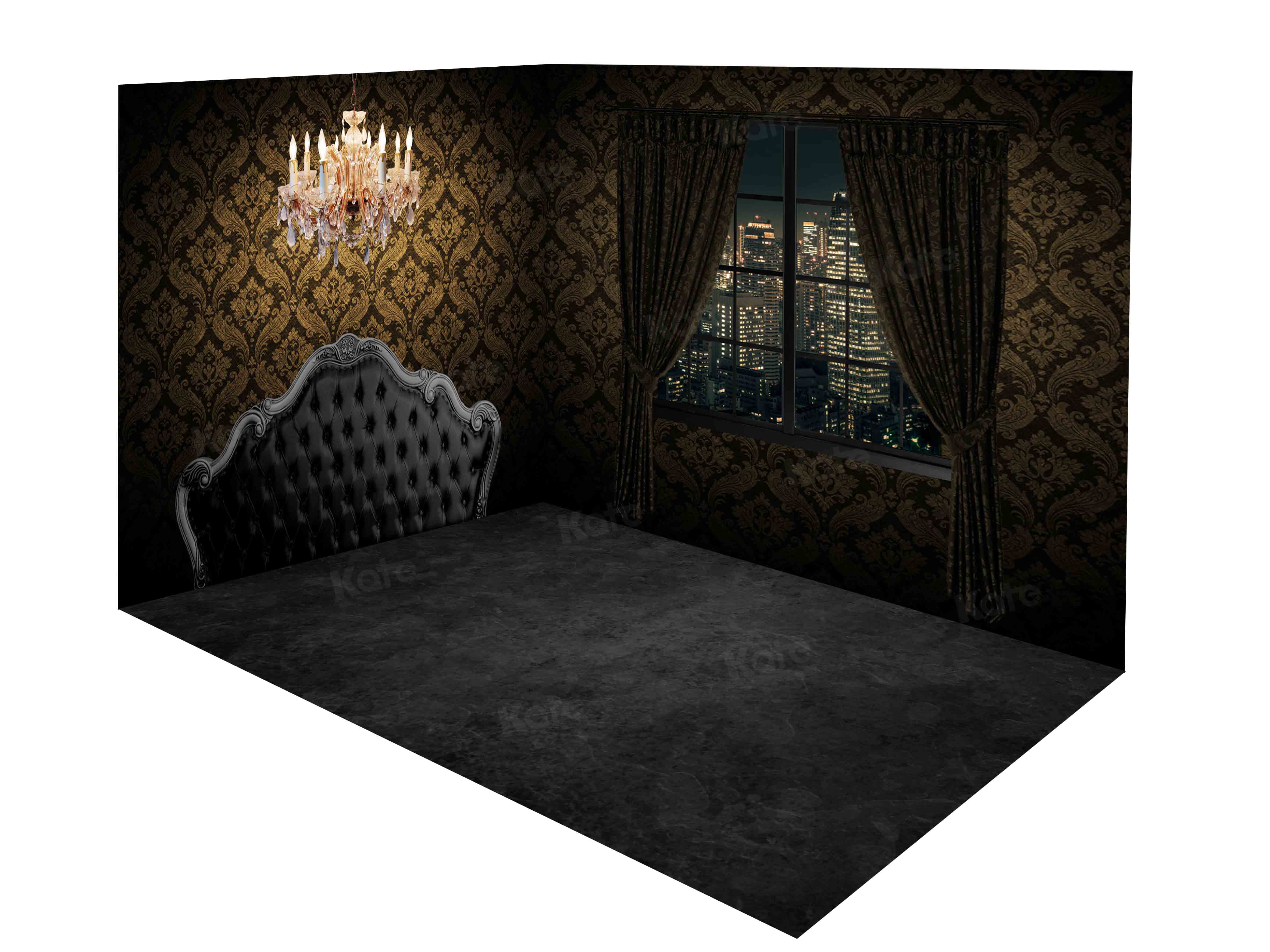 Kate Vintage Boudoir Black Headboard Window Wall&Floor Room Set