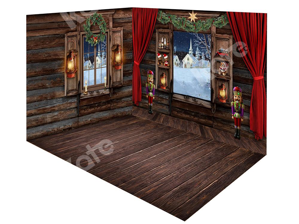 Kate Christmas Wood Indoor Windows Backdrop Room Set -UK