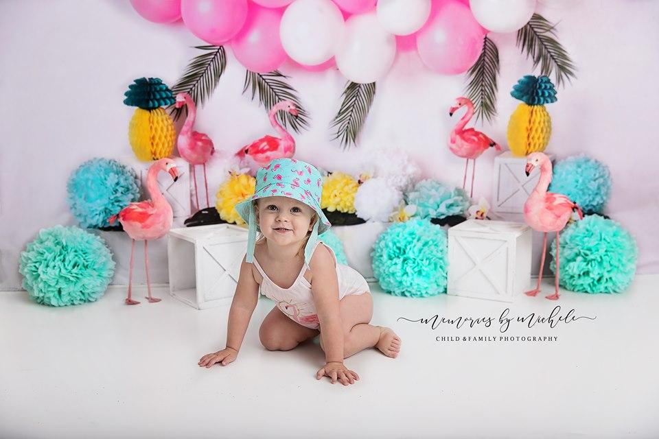 Kate Summer Balloons Flowers Flamingo Backdrop Designed by Mandy Ringe Photography -UK