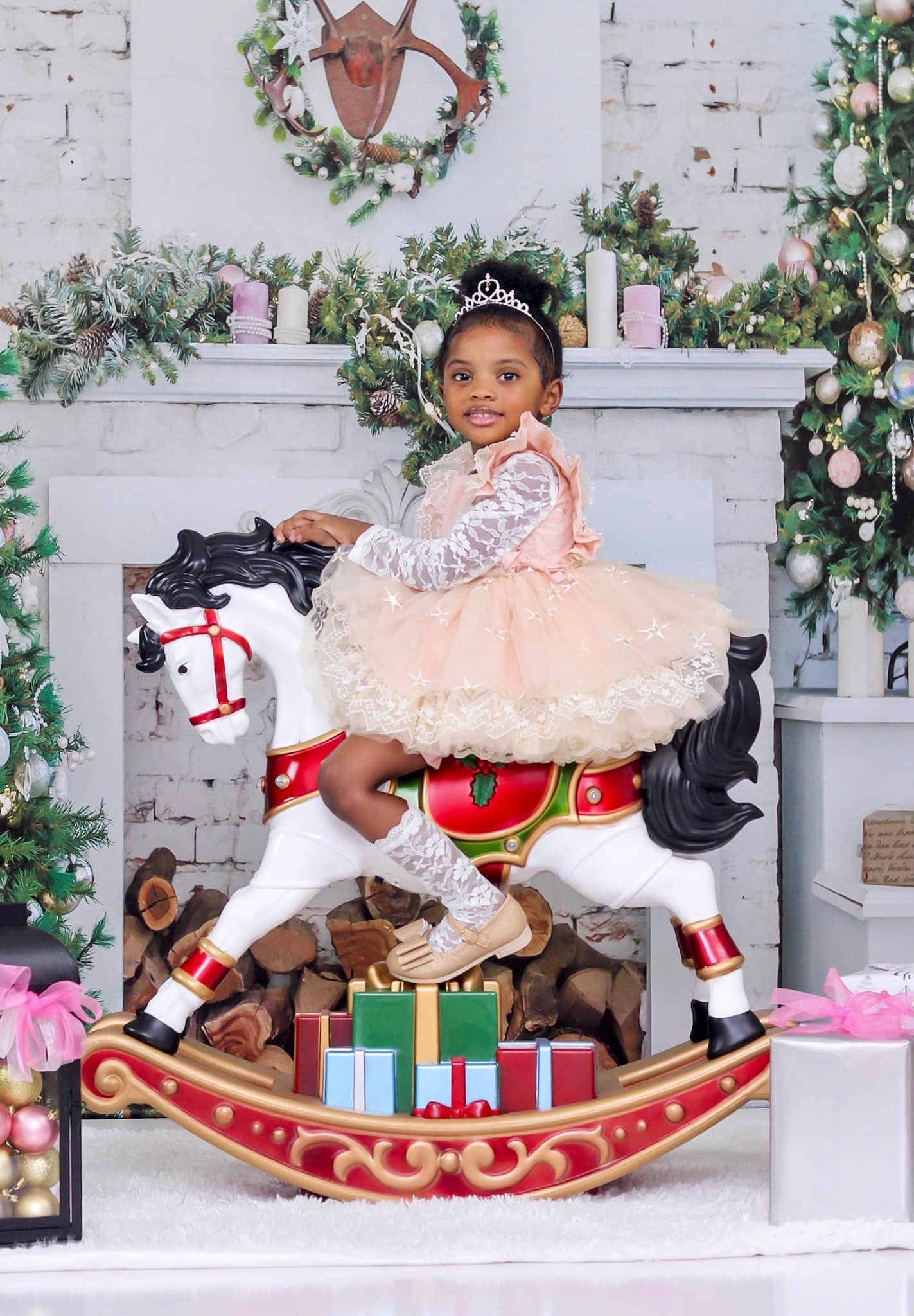 Kate Christmas Tree with Fireplace White Brick Wall Warmful Backdrop for Photography