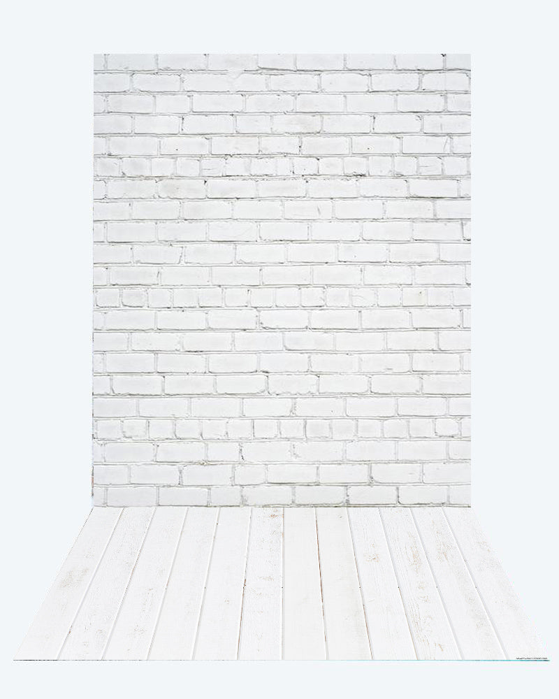 Kate White Brick Wall backdrop + White Wood Rubber Floor Mat -UK
