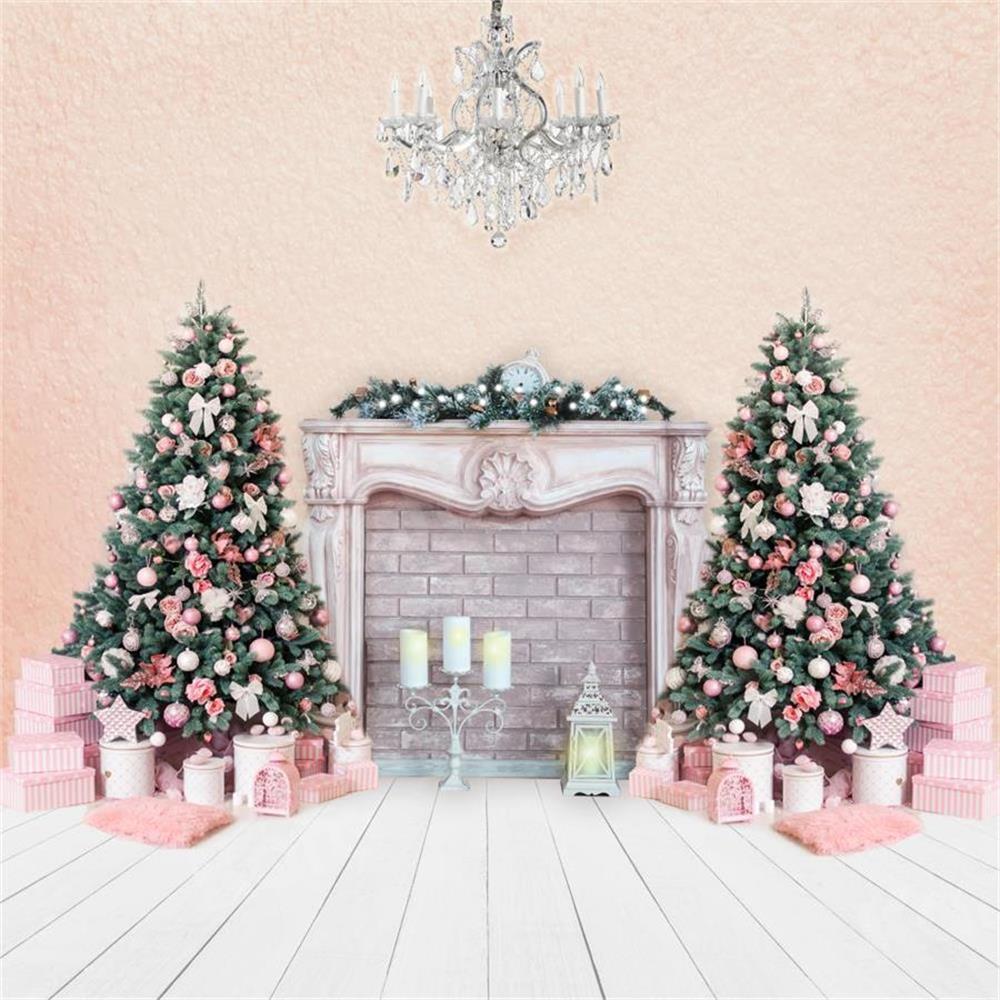 Kate Christmas Trees Backdrop Fireplace Pink Wall for Photography -UK