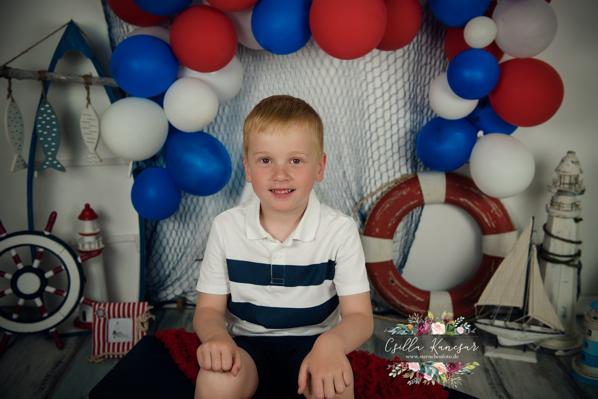 Kate Sailor Backdrop Blue&Red Balloons Sailboat Designed by Csilla Kancsar -UK