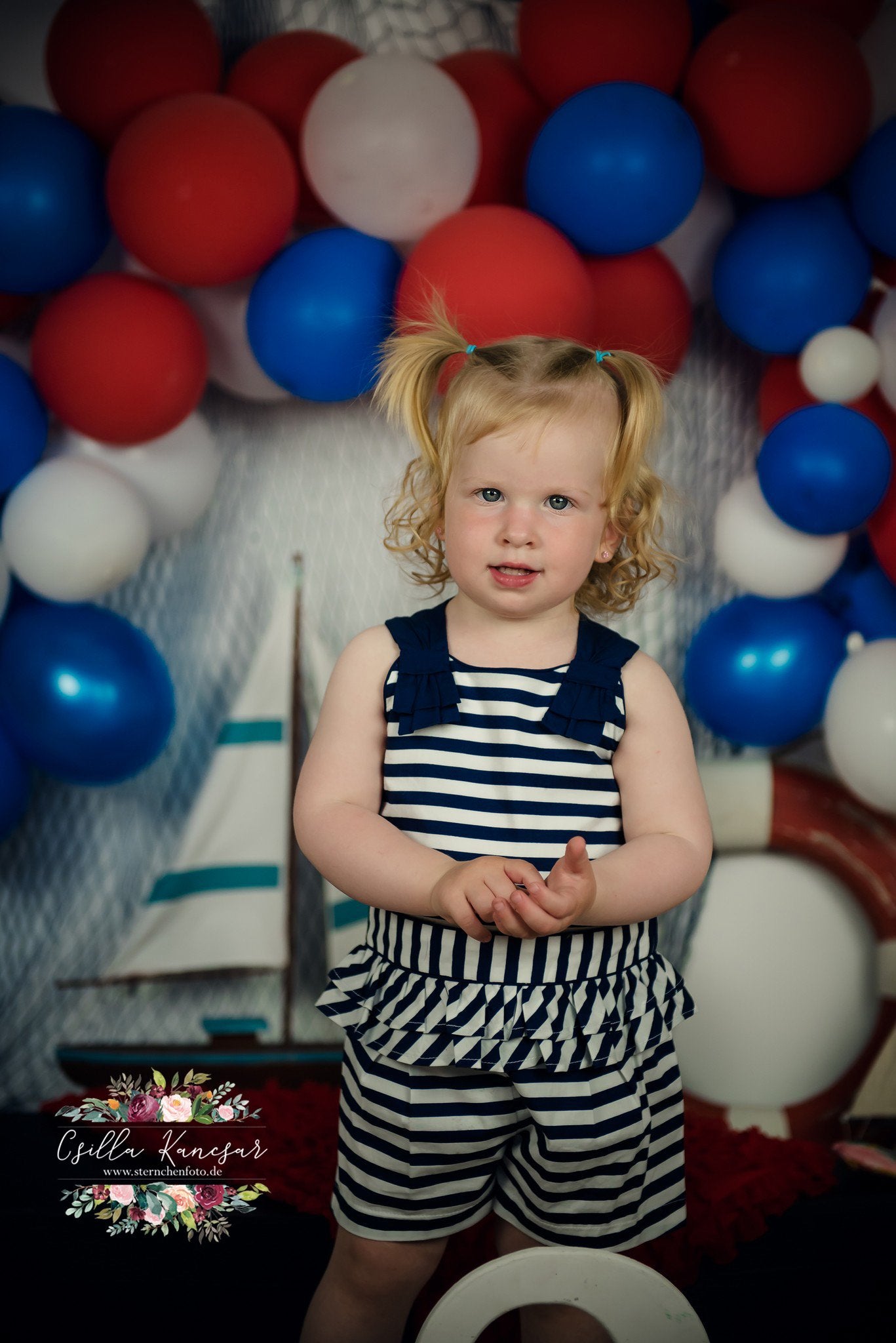 Kate Sailor Backdrop Blue&Red Balloons Sailboat Designed by Csilla Kancsar -UK