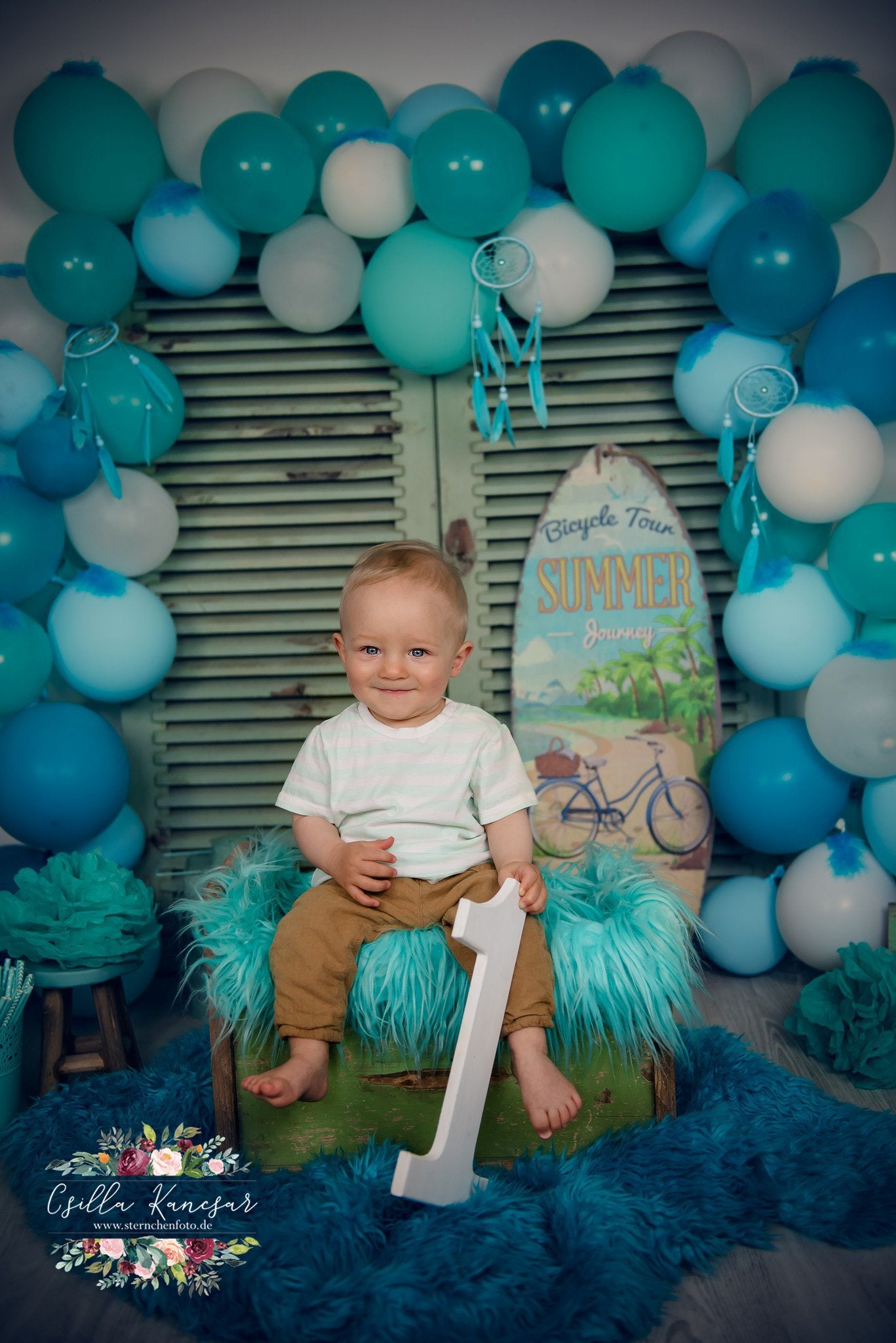Kate Summer Backdrop Blue Balloons Surfboard Designed by Csilla Kancsar -UK