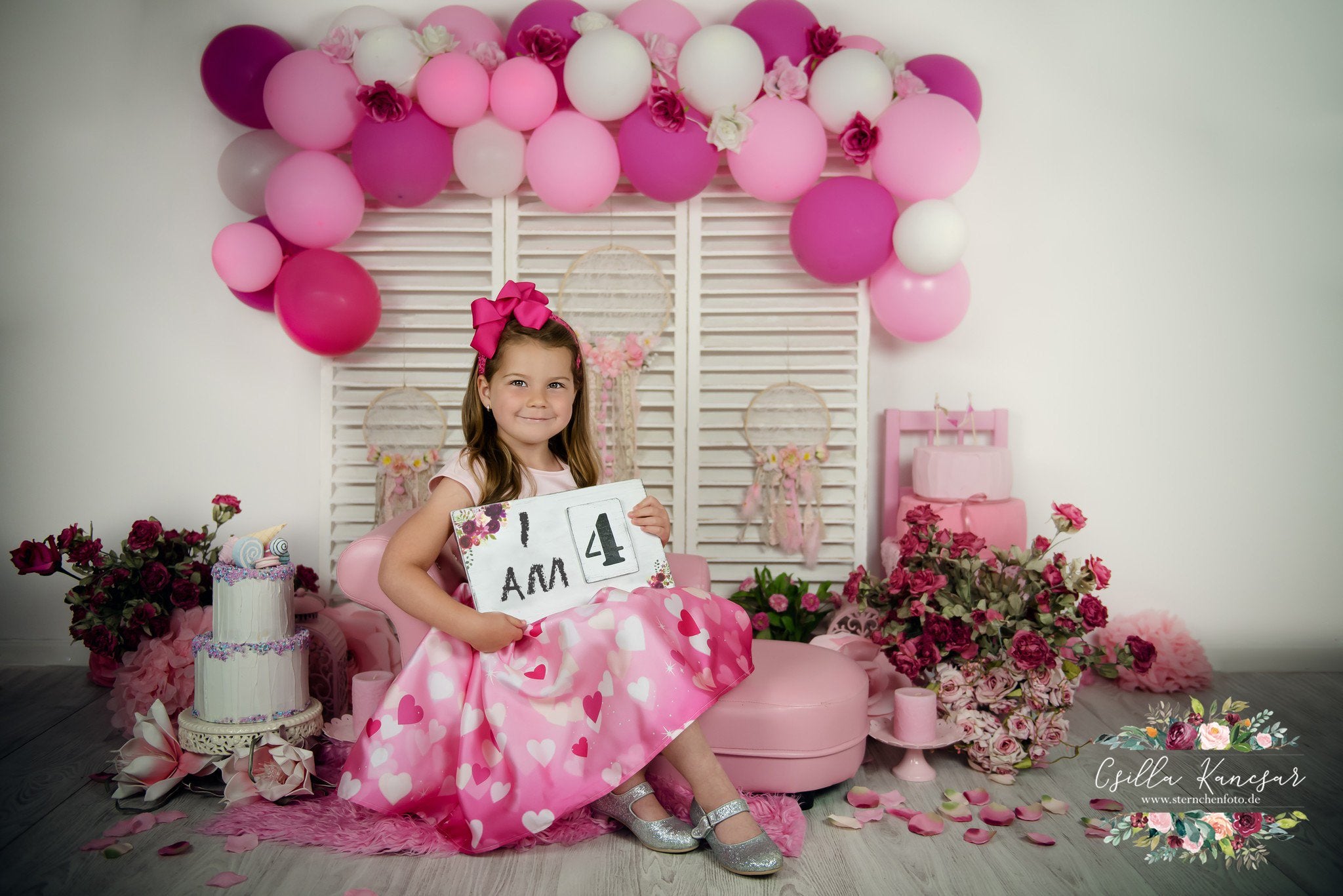 Kate Cake Smash Backdrop Pink Florals Balloons Designed by Csilla Kancsar -UK