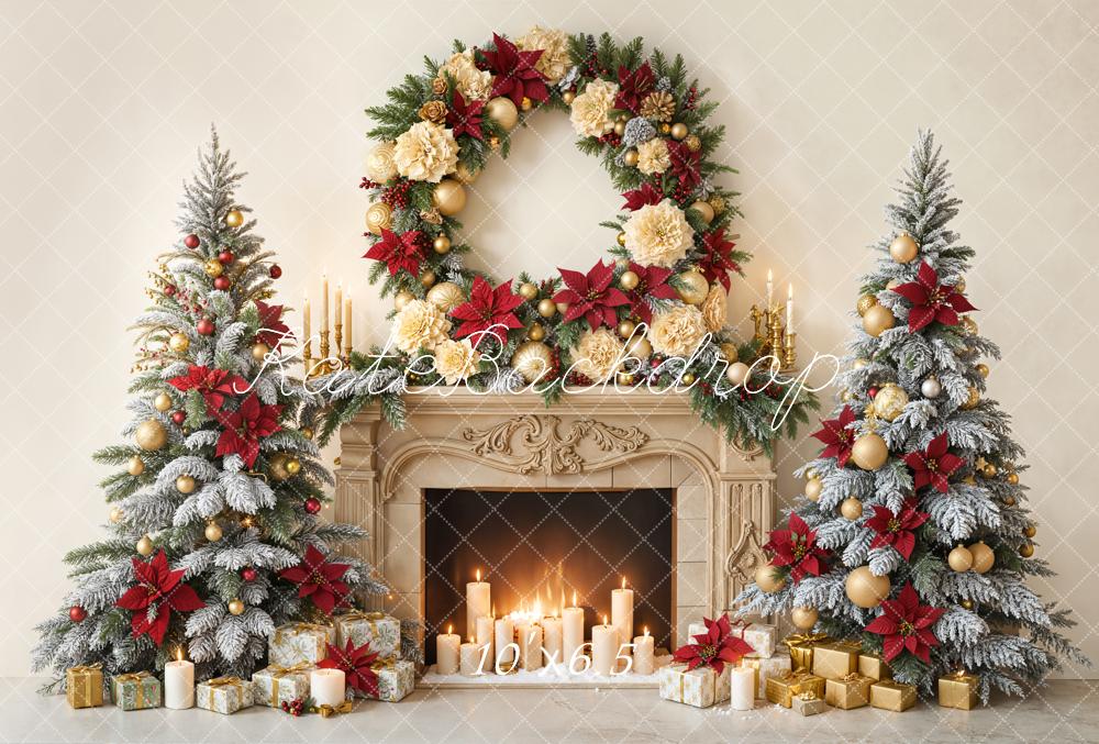 Kate Christmas Fireplace Wreath Candlelight Trees Fleece Backdrop Designed by Emetselch -UK