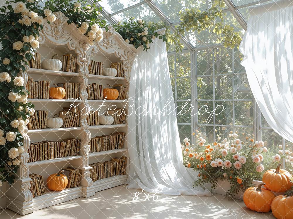 Kate Autumn Bookshelf Pumpkins Flowers Backdrop Designed by Mini MakeBelieve -UK