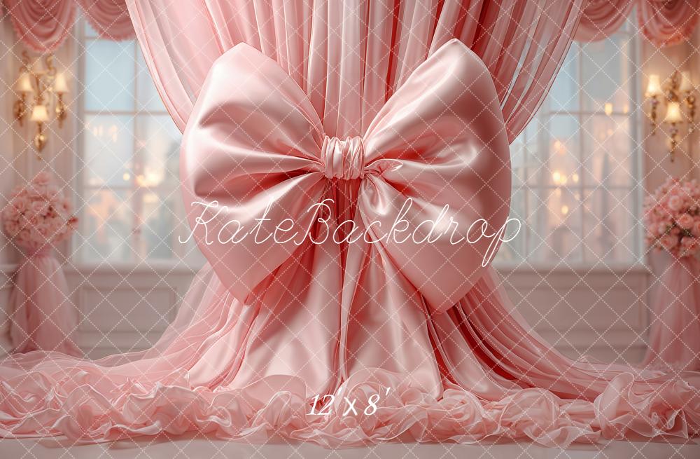 Kate Pink Bow Curtain Floral Fleece Backdrop Designed by Emetselch -UK