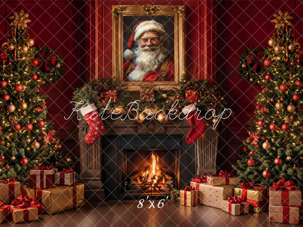 Kate Christmas Retro Fireplace Red Wall Backdrop Designed by Emetselch -UK