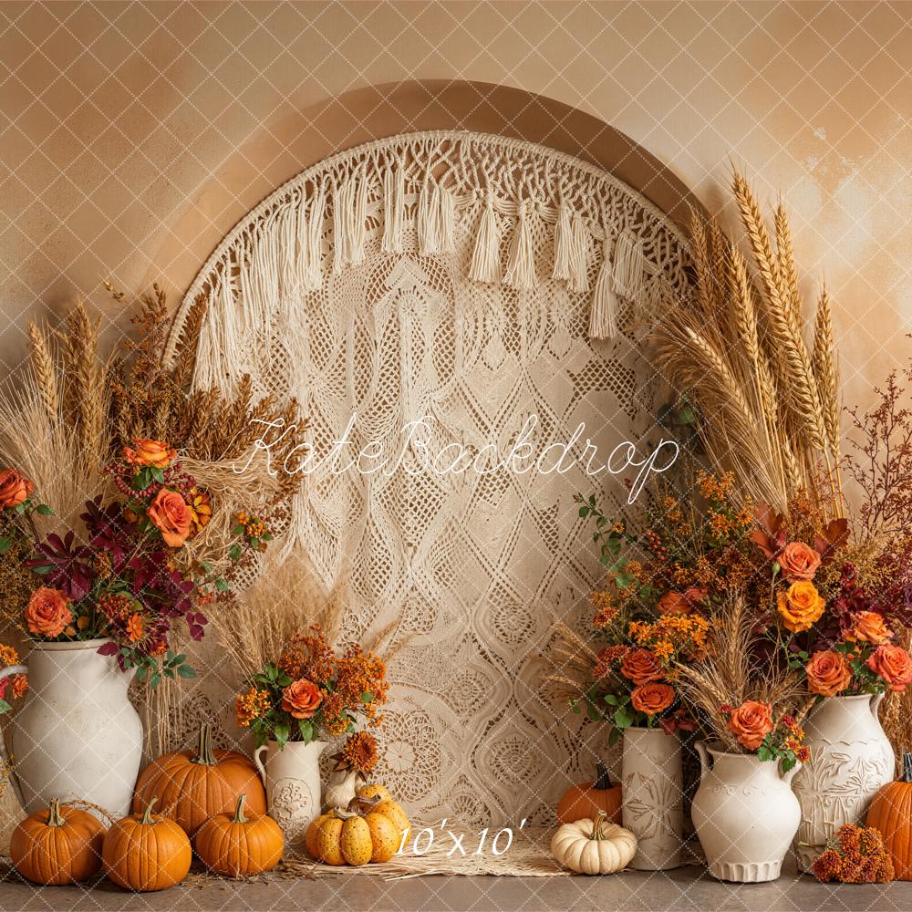 Kate Autumn Pumpkin Floral Macrame Boho Backdrop Designed by Emetselch -UK