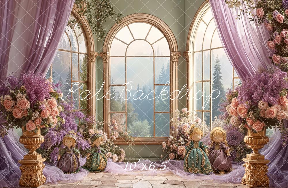 Kate Floral Arch Windows Lavender Fleece Backdrop Designed by Emetselch -UK