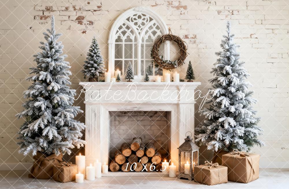Kate Christmas Fireplace Snowy Trees Candles Fleece Backdrop Designed by Emetselch