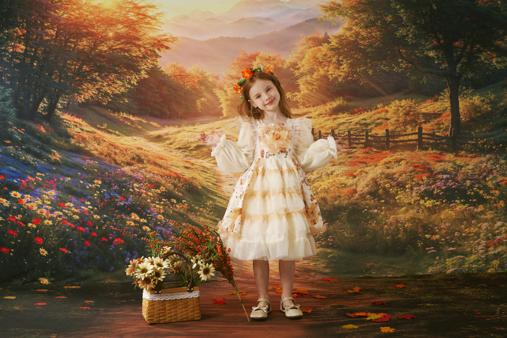 Kate Autumn Forest Pathway Sunset Backdrop+Flower Path Floor Backdrop -UK