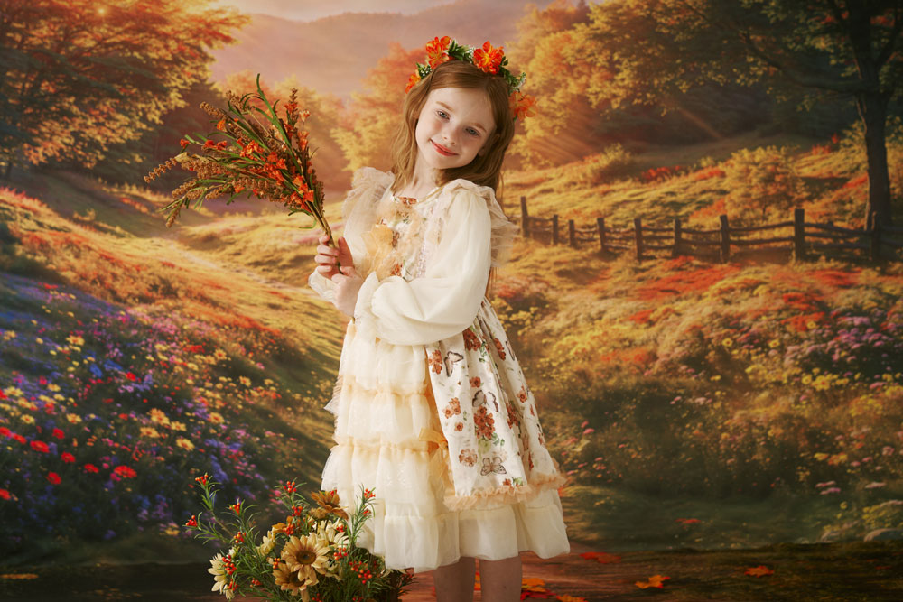Kate Autumn Forest Pathway Sunset Backdrop+Flower Path Floor Backdrop -UK