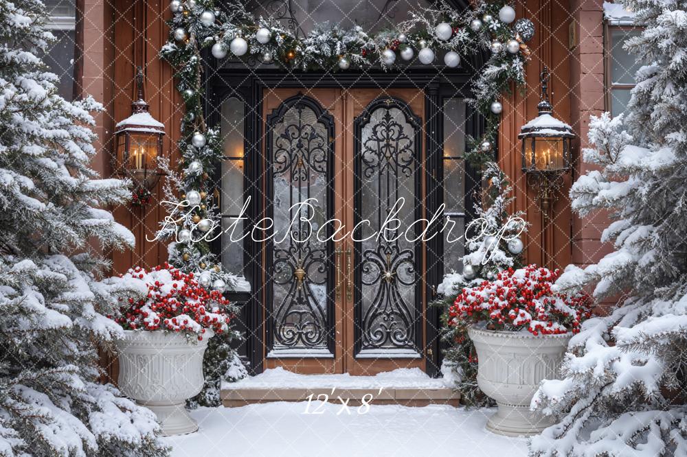 Kate Christmas Snowy Door Garland Lanterns Fleece Backdrop Designed by Emetselch -UK