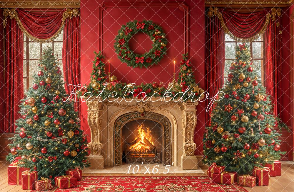 Kate Red Christmas Fireplace Wreath Trees Fleece Backdrop Designed by Emetselch