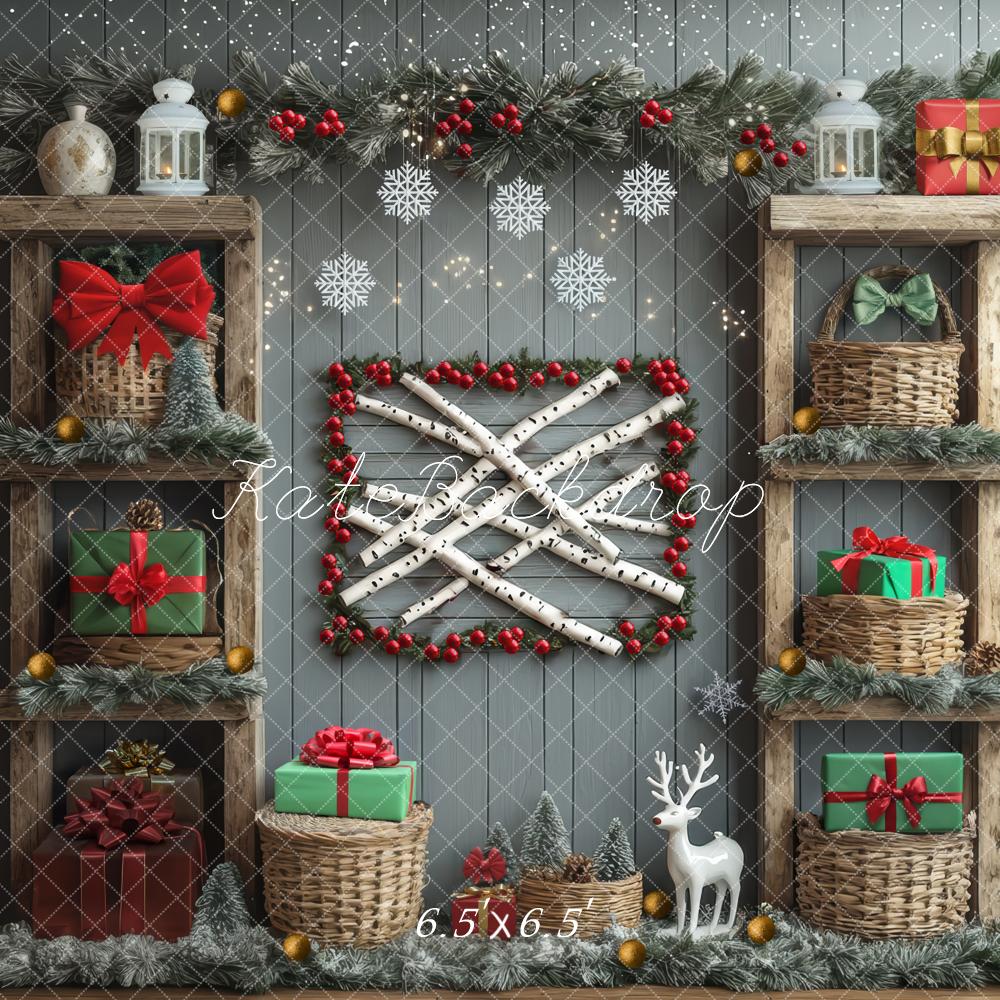 Kate Christmas Grey Wooden Shelves Presents Backdrop Designed by Mini MakeBelieve