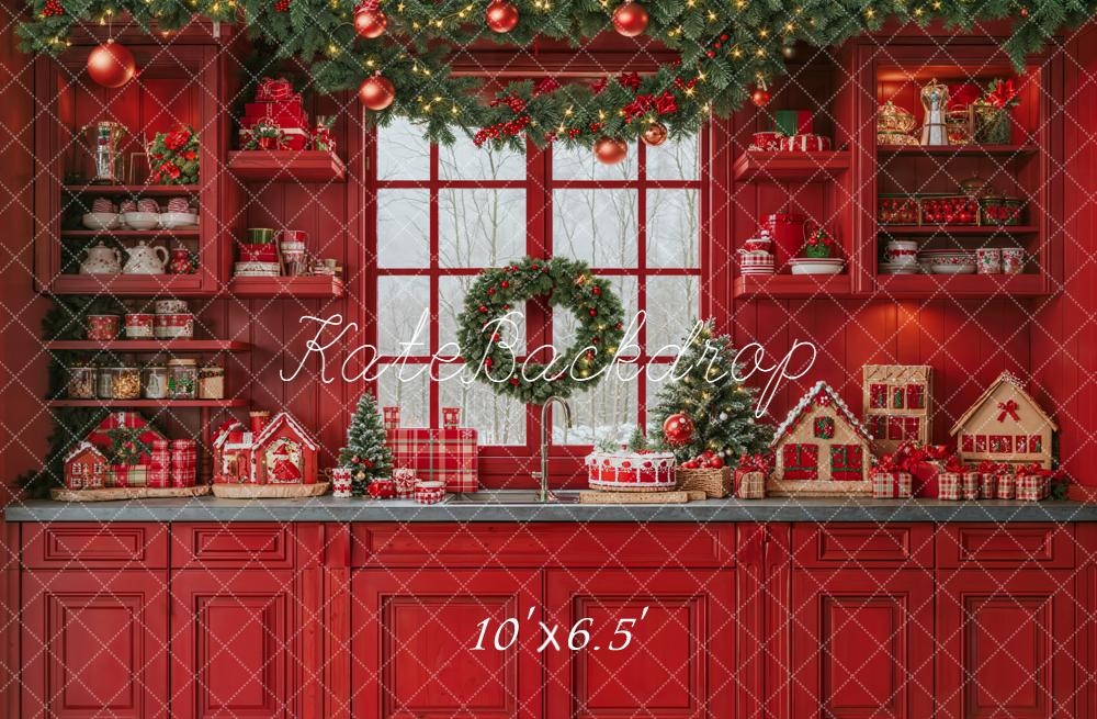 Kate Christmas Red Kitchen Garland Fleece Backdrop Designed by Emetselch -UK